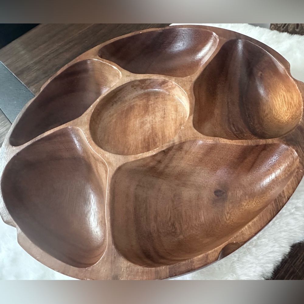 MCM Wood Divided Rotating Serving Bowl / Snack Tray – 5 Compartment – 12”
